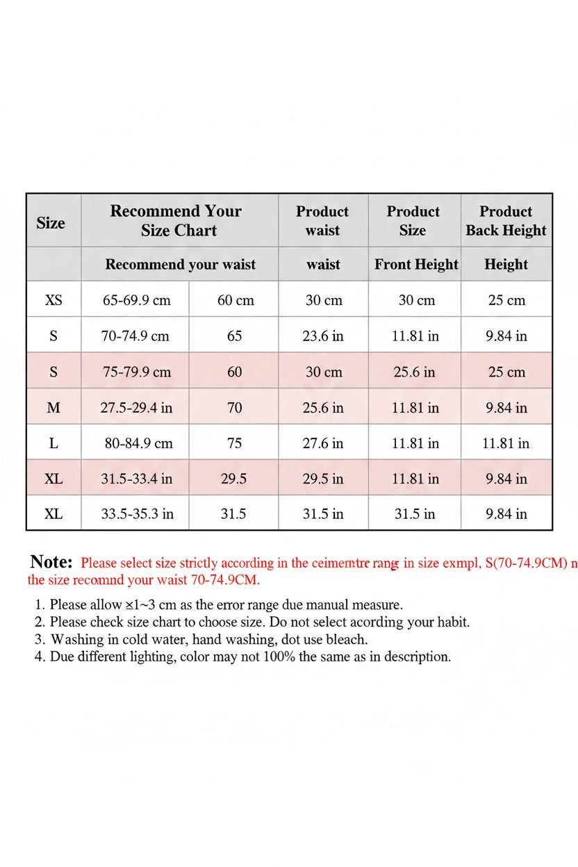Product size chart with waist measurements in centimeters and inches