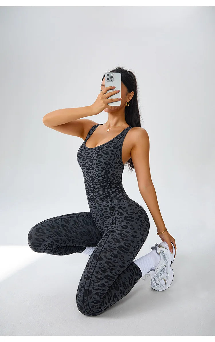 Women's Seamless Leopard Print Cross-Back Jumpsuit – High-Stretch Sculpting Workout One-Piece
