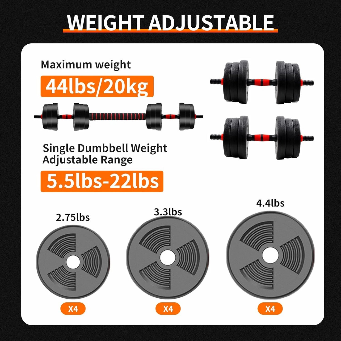 Adjustable Dumbbell & Barbell Home Gym Set 5lbs – 44lbs