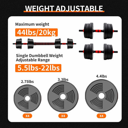 Adjustable Dumbbell & Barbell Home Gym Set 5lbs – 44lbs