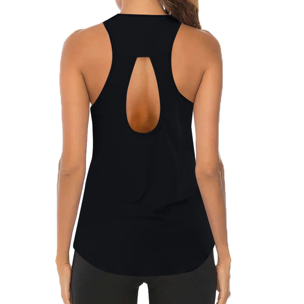 Blck tank top with open back worn by a person on a white background