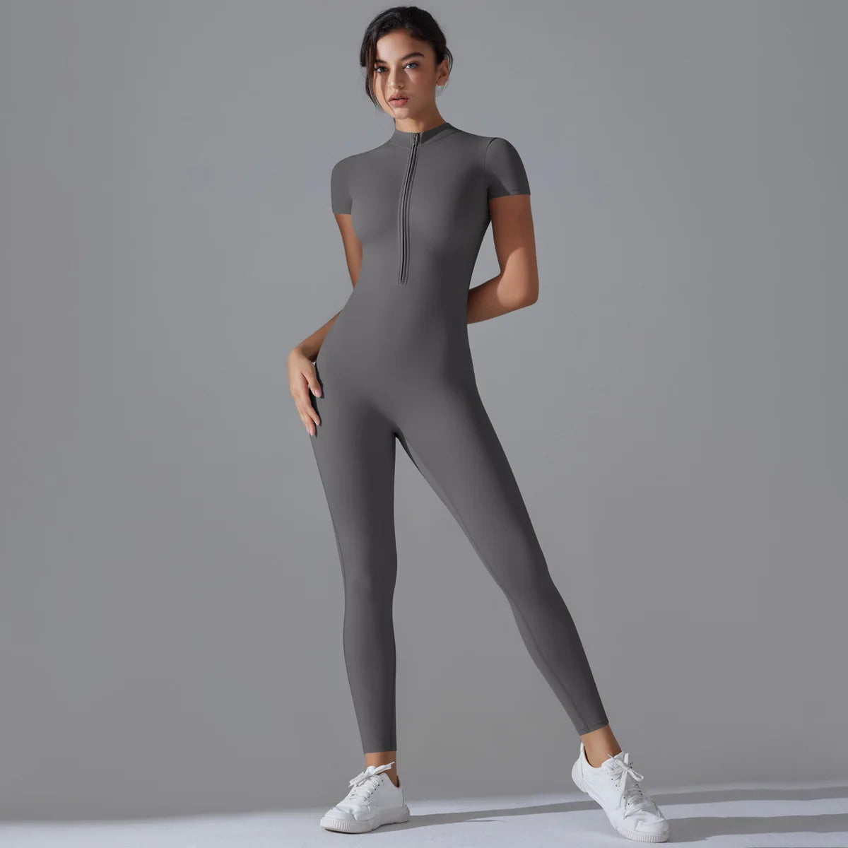 Zip-Up Short Sleeve Fitness Jumpsuit