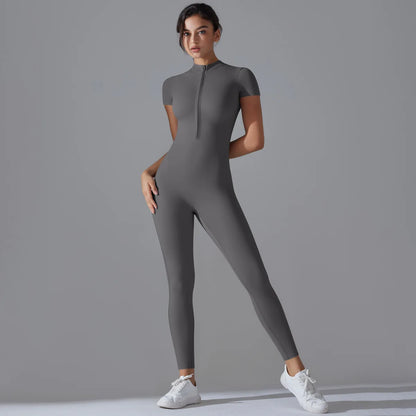 Zip-Up Short Sleeve Fitness Jumpsuit