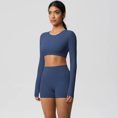 Women's 2-Piece Long Sleeve Yoga Set – High-Waisted Leggings & Crop Top Workout Outfit