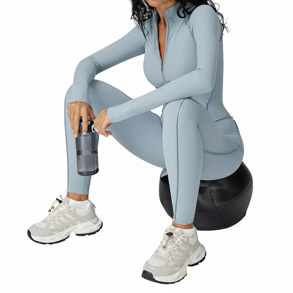 FlexSculpt Zip-Up Yoga Bodysuit – Long Sleeve Compression Jumpsuit