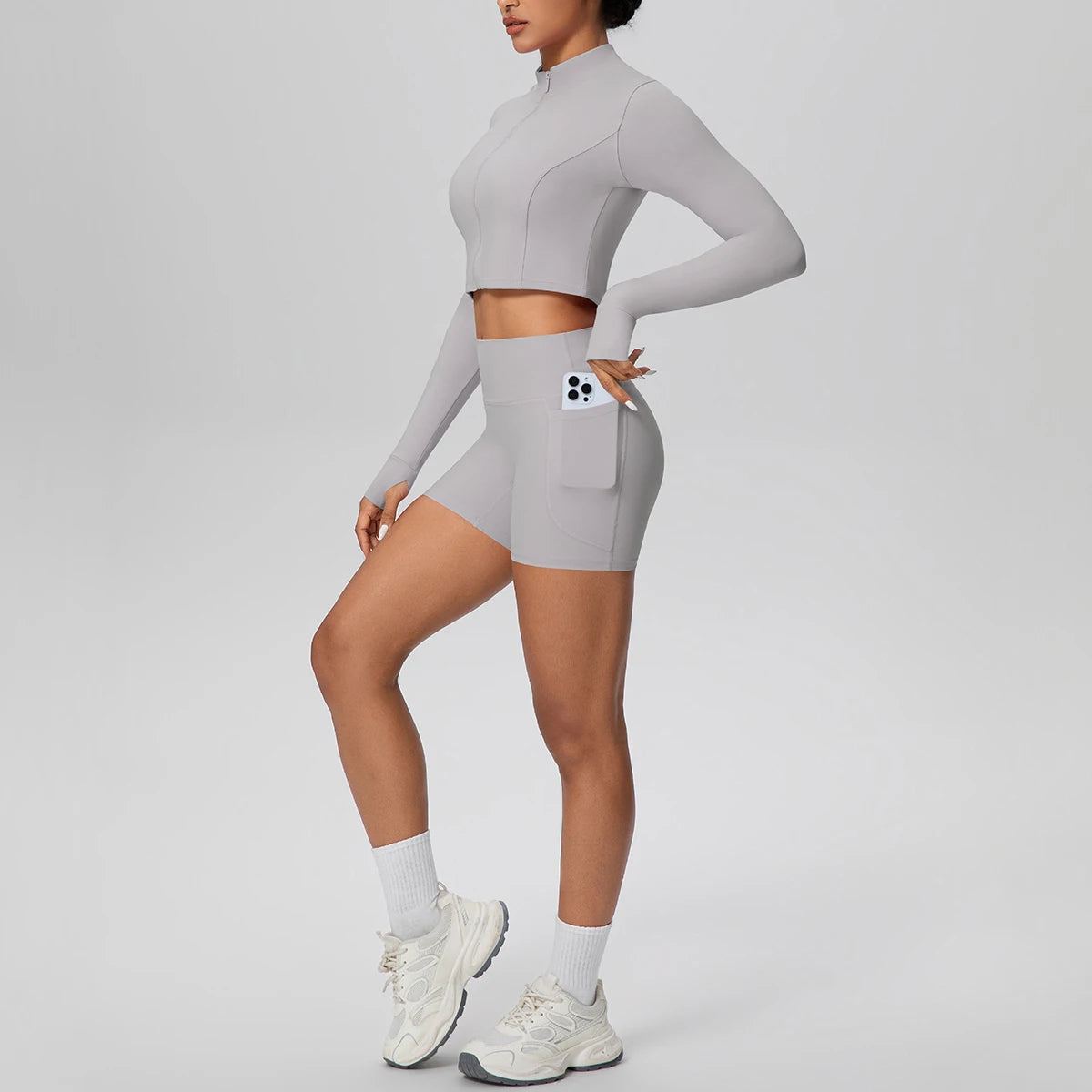 Women's Quick-Dry Running & Yoga Set – Zip-Up Jacket & Pocket Workout Shorts (2-Piece Activewear Set)