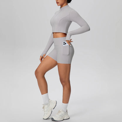 Women's Quick-Dry Running & Yoga Set – Zip-Up Jacket & Pocket Workout Shorts (2-Piece Activewear Set)