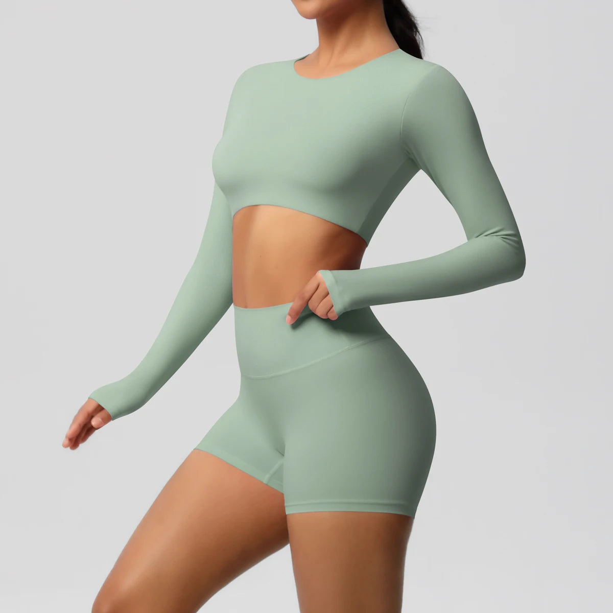 Women's 2-Piece Long Sleeve Yoga Set – High-Waisted Leggings & Crop Top Workout Outfit