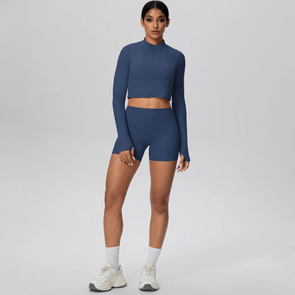 Women's Quick-Dry Running & Yoga Set – Zip-Up Jacket & Pocket Workout Shorts (2-Piece Activewear Set)