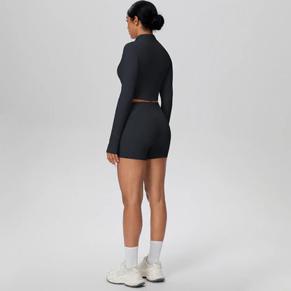 Women's Quick-Dry Running & Yoga Set – Zip-Up Jacket & Pocket Workout Shorts (2-Piece Activewear Set)