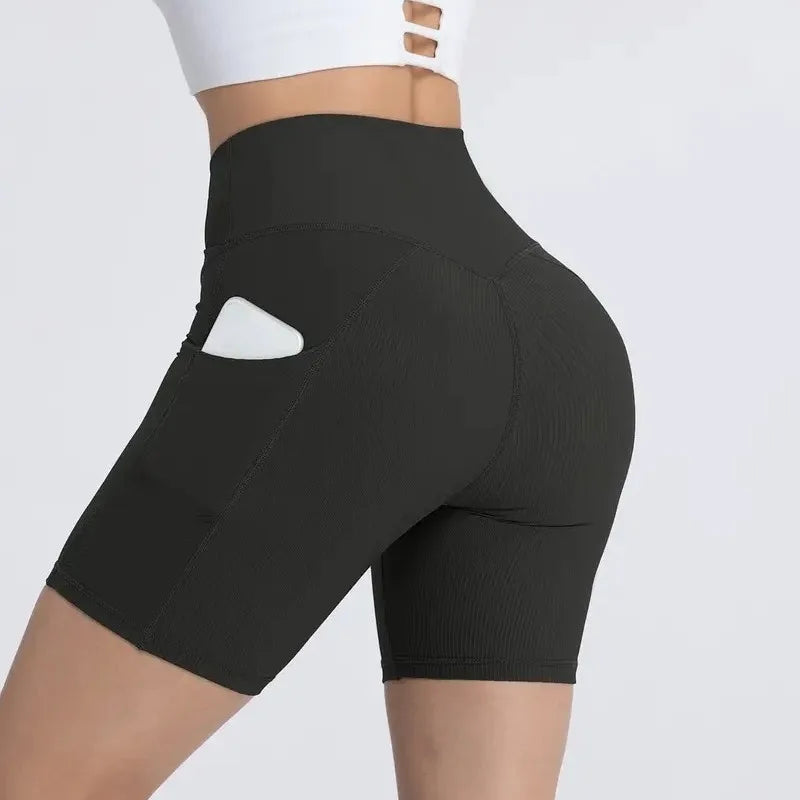 Cross-Band High-Waist Biker Shorts with Pockets