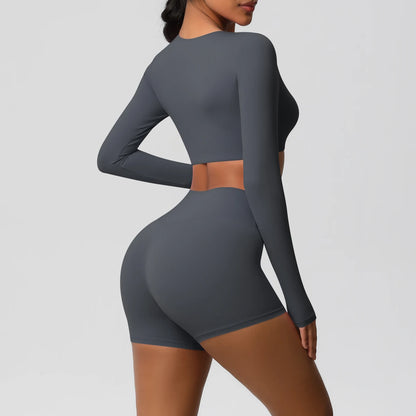 Women's 2-Piece Long Sleeve Yoga Set – High-Waisted Leggings & Crop Top Workout Outfit