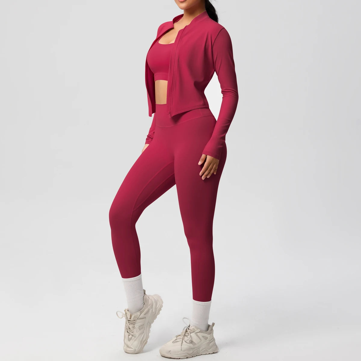 3-Piece SculptFit Yoga Set – Sports Bra, Zip Jacket & Leggings