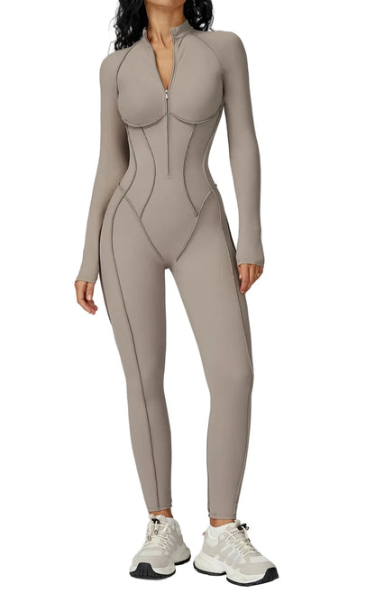 FlexSculpt Zip-Up Yoga Bodysuit – Long Sleeve Compression Jumpsuit
