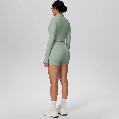 Women's Quick-Dry Running & Yoga Set – Zip-Up Jacket & Pocket Workout Shorts (2-Piece Activewear Set)