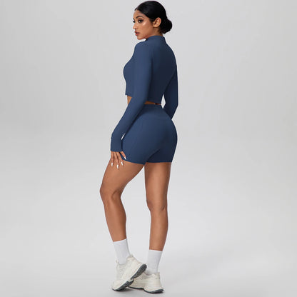 Women's Quick-Dry Running & Yoga Set – Zip-Up Jacket & Pocket Workout Shorts (2-Piece Activewear Set)