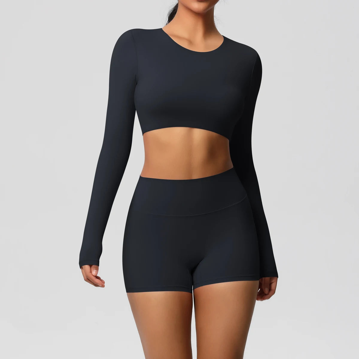 Women's 2-Piece Long Sleeve Yoga Set – High-Waisted Leggings & Crop Top Workout Outfit