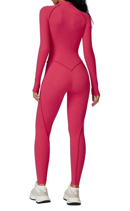 Pink athletic outfit worn by a person on a white background