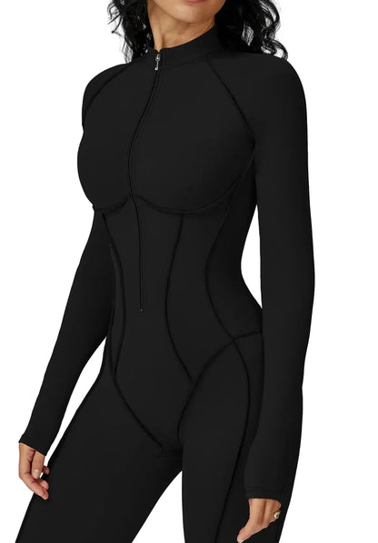 FlexSculpt Zip-Up Yoga Bodysuit – Long Sleeve Compression Jumpsuit