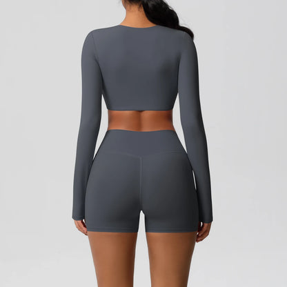 Women's 2-Piece Long Sleeve Yoga Set – High-Waisted Leggings & Crop Top Workout Outfit