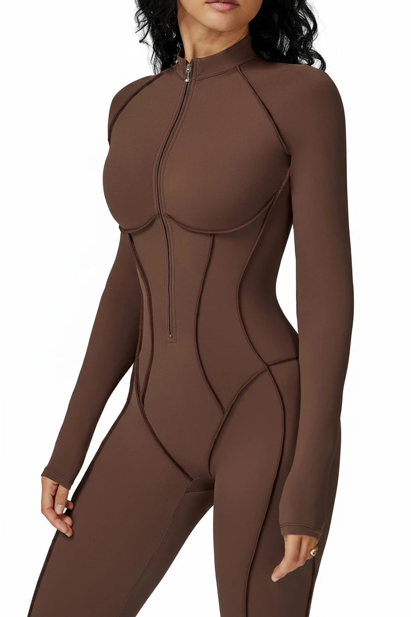 FlexSculpt Zip-Up Yoga Bodysuit – Long Sleeve Compression Jumpsuit