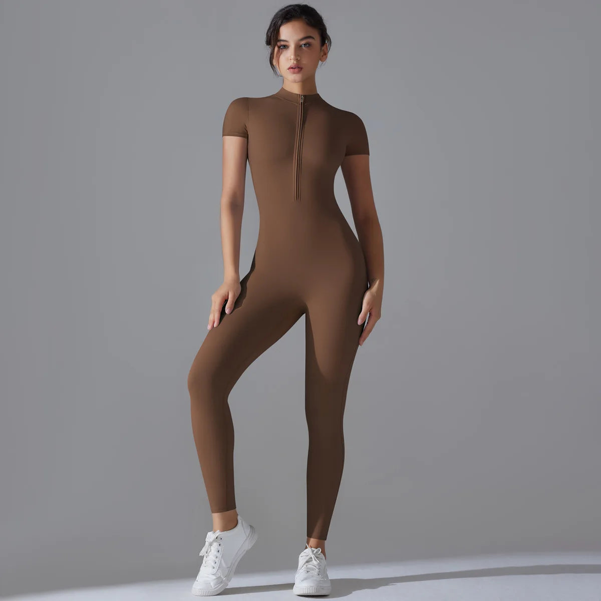 Zip-Up Short Sleeve Fitness Jumpsuit