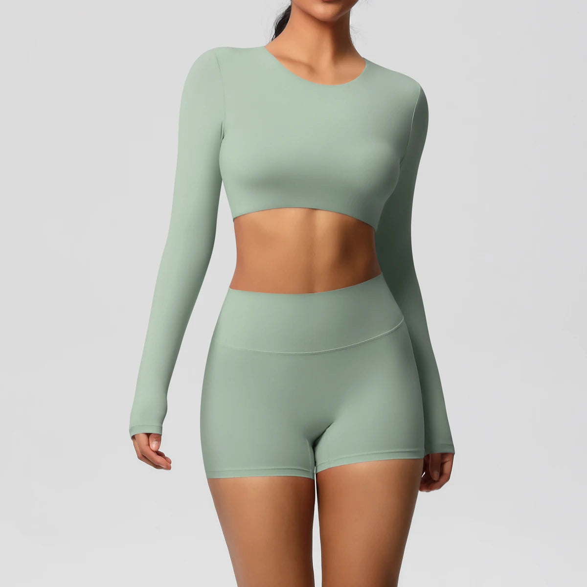 Women's 2-Piece Long Sleeve Yoga Set – High-Waisted Leggings & Crop Top Workout Outfit