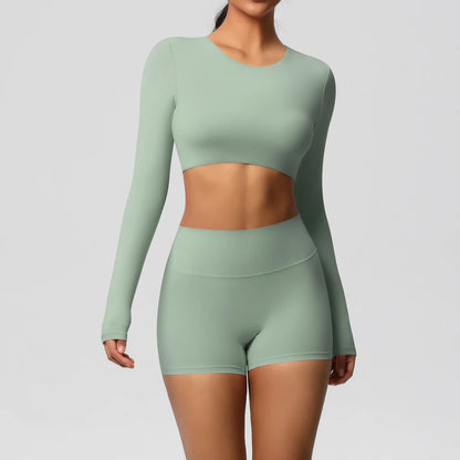 Women's 2-Piece Long Sleeve Yoga Set – High-Waisted Leggings & Crop Top Workout Outfit
