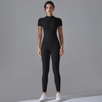 Zip-Up Short Sleeve Fitness Jumpsuit