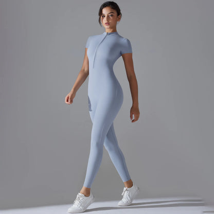 Zip-Up Short Sleeve Fitness Jumpsuit