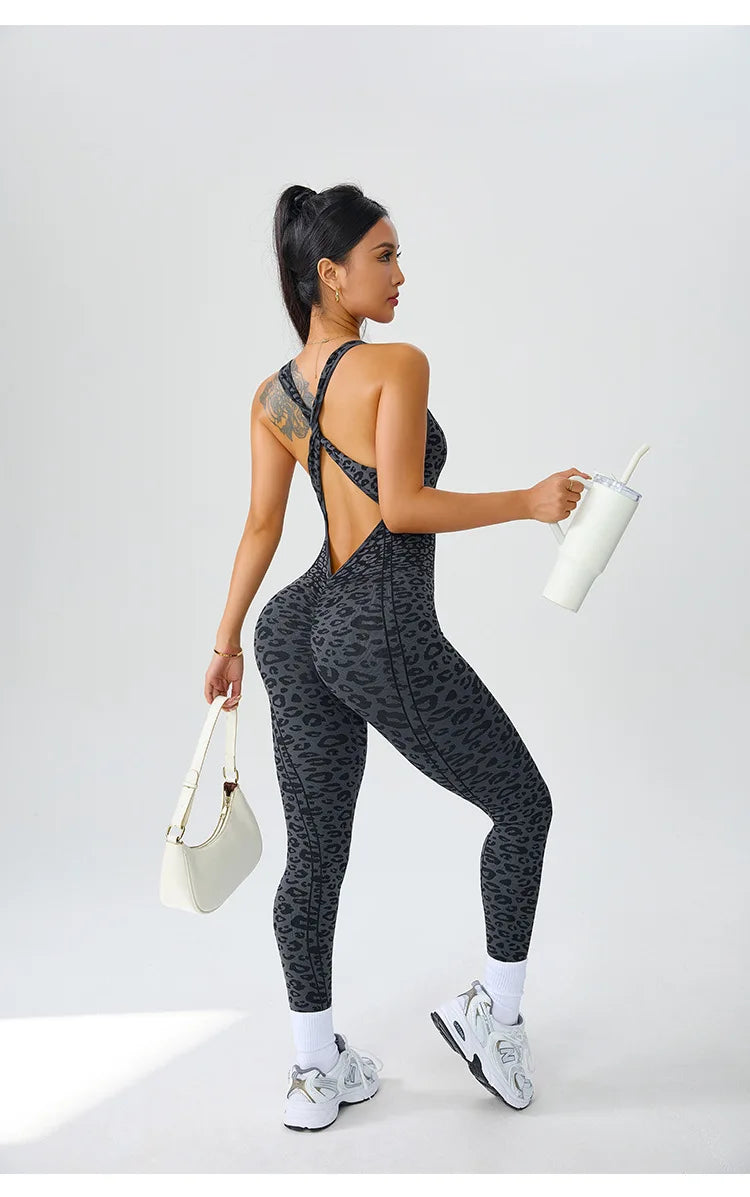 Women's Seamless Leopard Print Cross-Back Jumpsuit – High-Stretch Sculpting Workout One-Piece