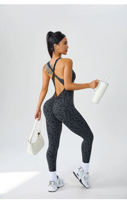Women's Seamless Leopard Print Cross-Back Jumpsuit – High-Stretch Sculpting Workout One-Piece