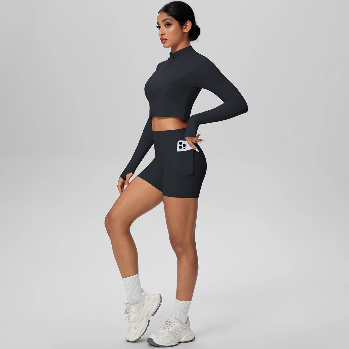Women's Quick-Dry Running & Yoga Set – Zip-Up Jacket & Pocket Workout Shorts (2-Piece Activewear Set)