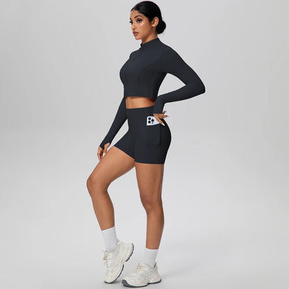 Women's Quick-Dry Running & Yoga Set – Zip-Up Jacket & Pocket Workout Shorts (2-Piece Activewear Set)