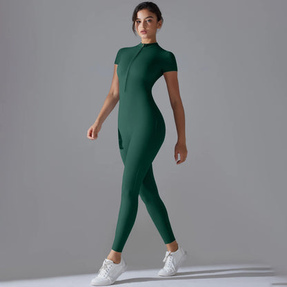 Zip-Up Short Sleeve Fitness Jumpsuit