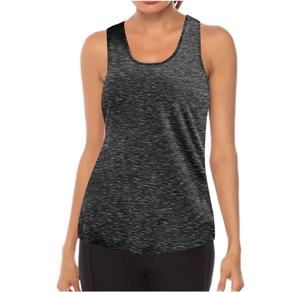 Black tank top worn by a person on a white background
