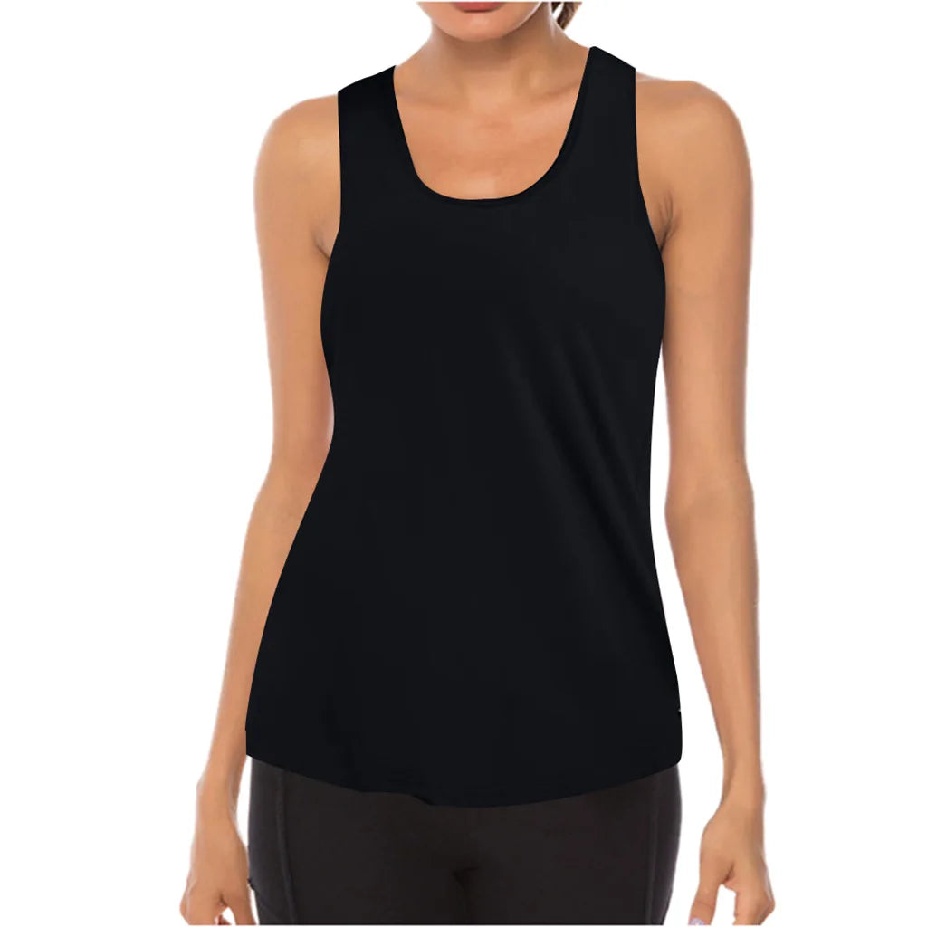 Black tank top worn by a person on a white background