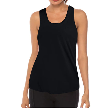 Black tank top worn by a person on a white background