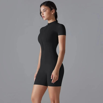 Zip-Up Short Sleeve Yoga Jumpsuit