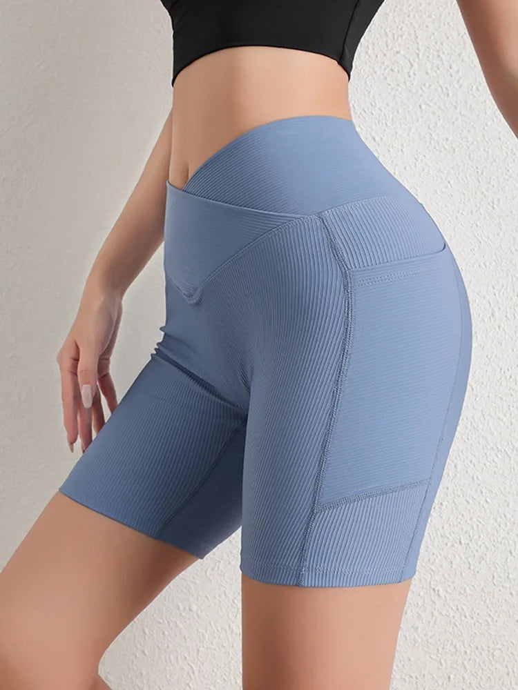 Cross-Band High-Waist Biker Shorts with Pockets