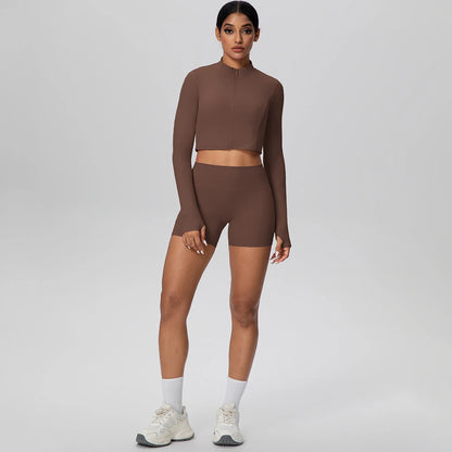 Women's Quick-Dry Running & Yoga Set – Zip-Up Jacket & Pocket Workout Shorts (2-Piece Activewear Set)