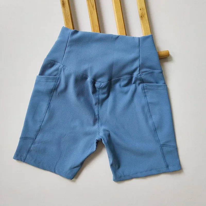 Cross-Band High-Waist Biker Shorts with Pockets