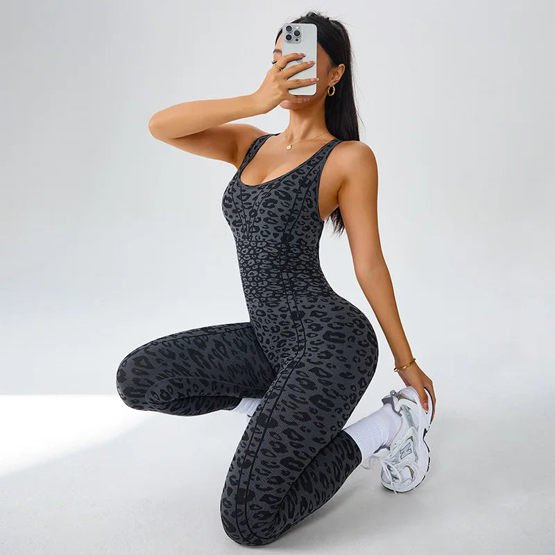 Women's Seamless Leopard Print Cross-Back Jumpsuit – High-Stretch Sculpting Workout One-Piece