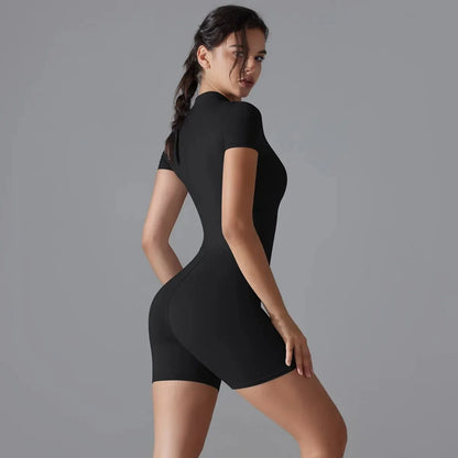 Zip-Up Short Sleeve Yoga Jumpsuit