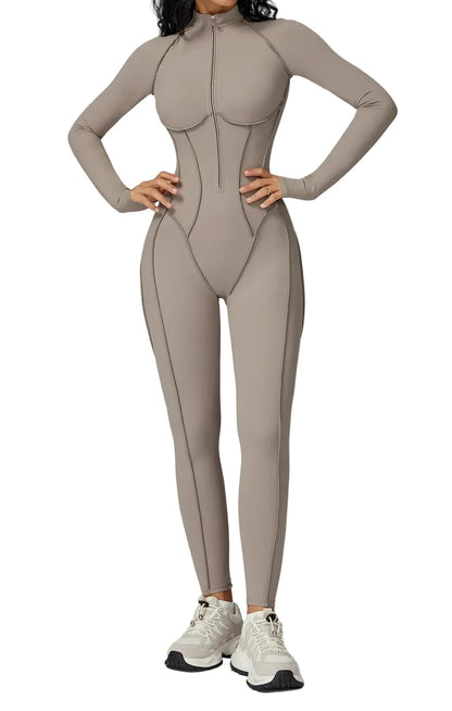 FlexSculpt Zip-Up Yoga Bodysuit – Long Sleeve Compression Jumpsuit