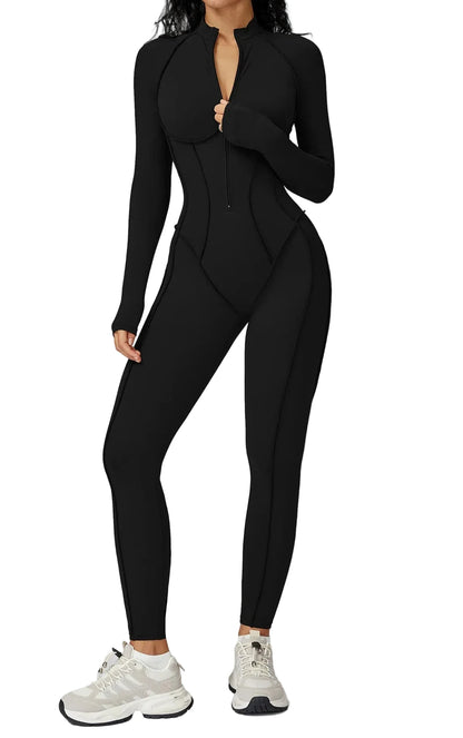 FlexSculpt Zip-Up Yoga Bodysuit – Long Sleeve Compression Jumpsuit