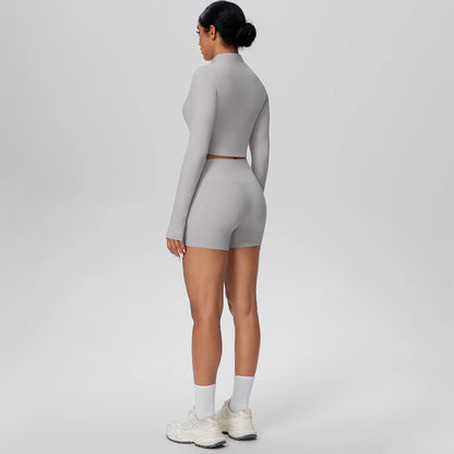 Women's Quick-Dry Running & Yoga Set – Zip-Up Jacket & Pocket Workout Shorts (2-Piece Activewear Set)