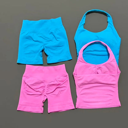Seamless Activewear Set – Strappy Halter Sports Bra & Shorts