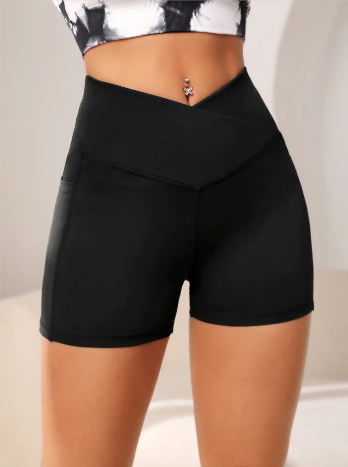 High-Waist Cross Waist Biker Shorts with Pockets