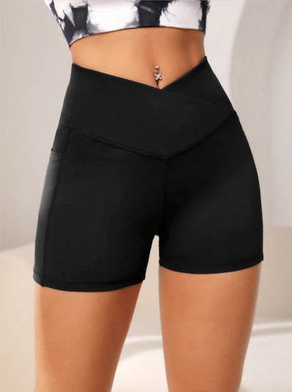 High-Waist Cross Waist Biker Shorts with Pockets